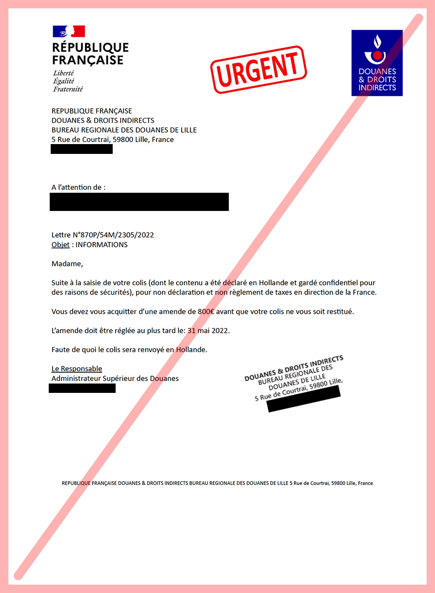 Exemple de faux courrier de la douane de Lille
