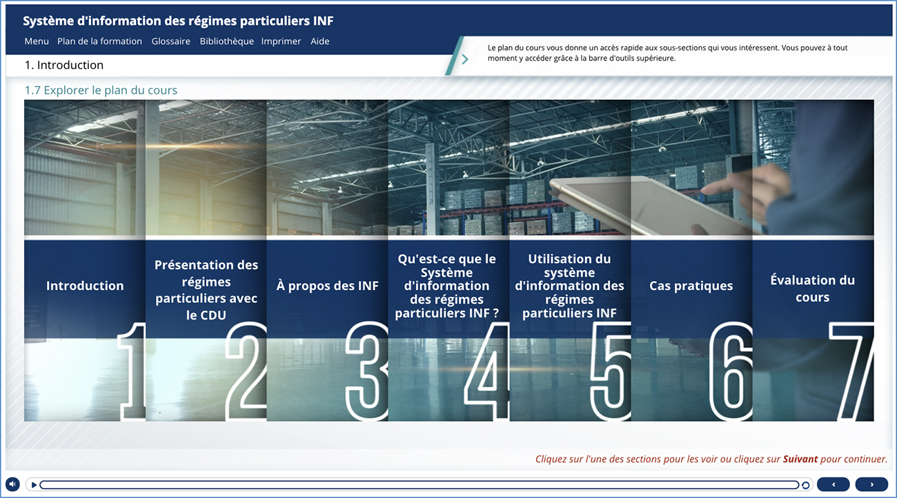 Capture d&#039;écran : plan du cours de la formation les régimes particuliers de l&#039;INF 