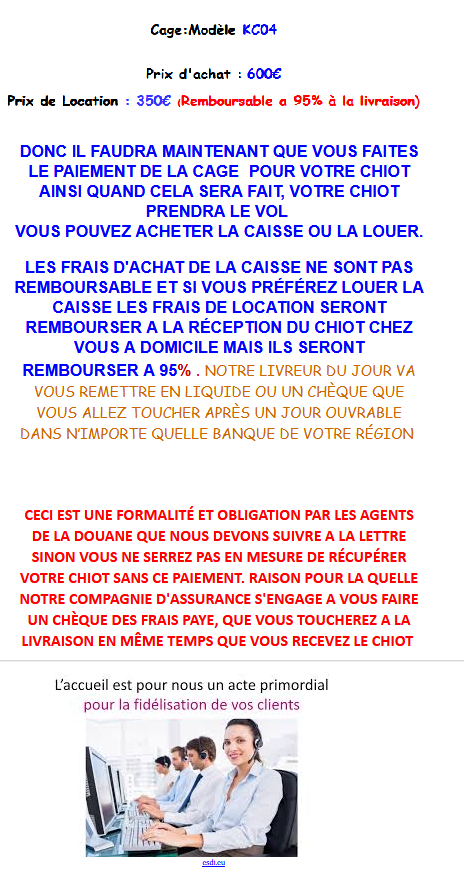 Mail d'arnaque pour l'achat de chiots sur Facebook